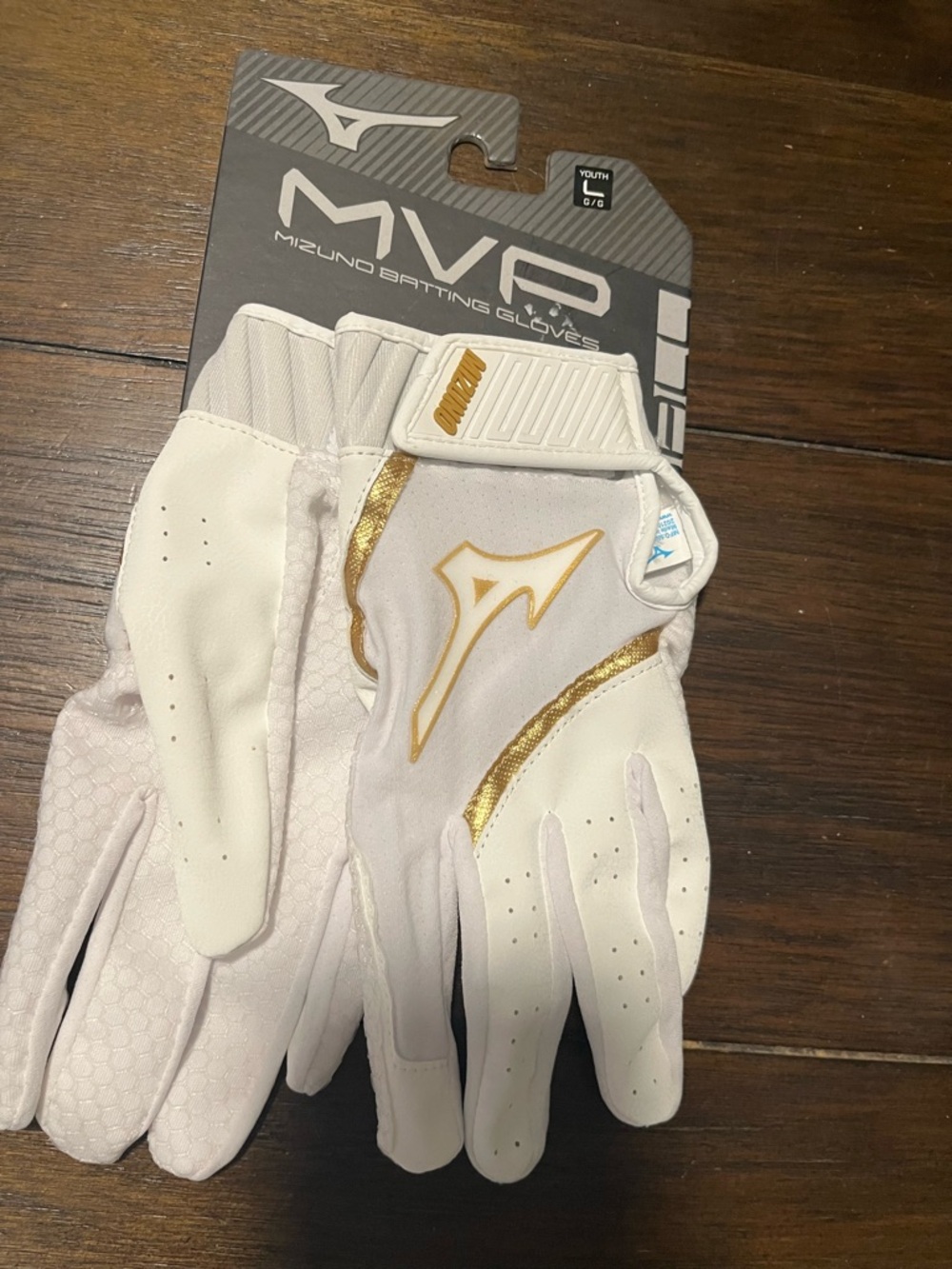 Mizuno White and Gold Youth Batting Gloves Large